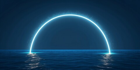 Bright neon semicircle arch over dark water with reflections.