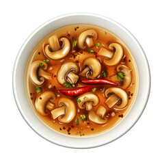 Savory Mushroom Soup with Spices and Fresh Herbs in a White Bowl on transparent background