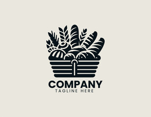 Variety of freshly baked bread in woven basket in detailed black and white vintage engraving vector logo design illustration