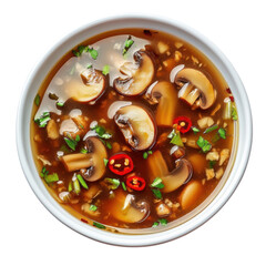 Savory Mushroom Soup with Fresh Herbs and Spicy Peppers in a White Bowl on transparent background