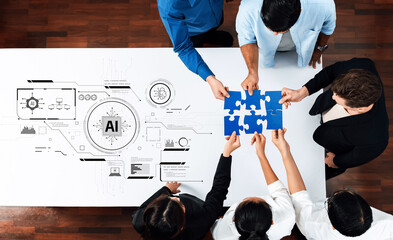 A diverse team of professionals collaborates around a white table, fitting puzzle pieces together while discussing artificial intelligence and innovative strategies. Trope