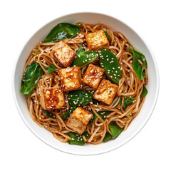 Delicious Tofu Noodle Bowl with Fresh Vegetables and Sesame Sauce on transparent background