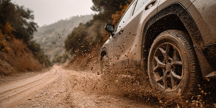 A close-up of a racing car's wheel kicking up dirt as it speeds around a curve