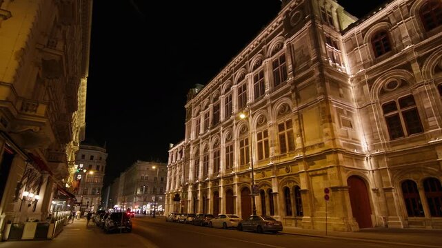 Urban cityscape of night streets of Vienna Austria. Beautiful architecture of historical buildings in tourist town.