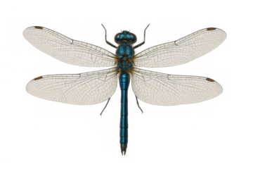 Blue dragonfly insect with transparent wings flying, isolated on transparent background illustrating nature and wildlife