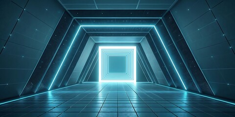 Futuristic sci-fi corridor with glowing blue neon light squares.