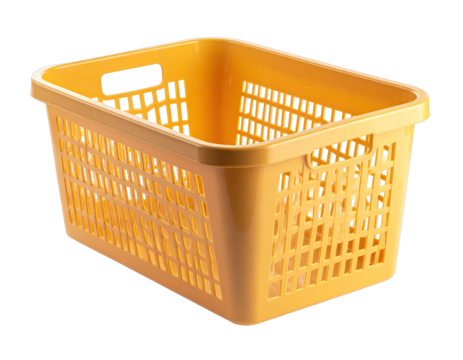 Perforated yellow plastic laundry basket, angled view