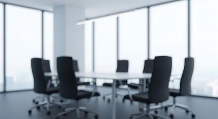 Empty conference room with large windows and blurred city view outside