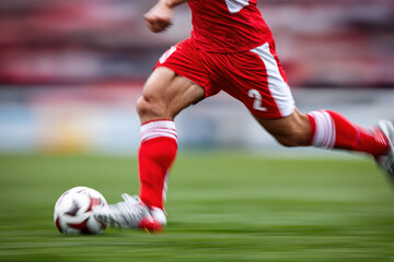 Motion blur of a soccer player kicking a ball in action on the field 