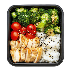 Healthy Chicken and Broccoli Meal Prep Bowl with Cherry Tomatoes and Rice on transparent background