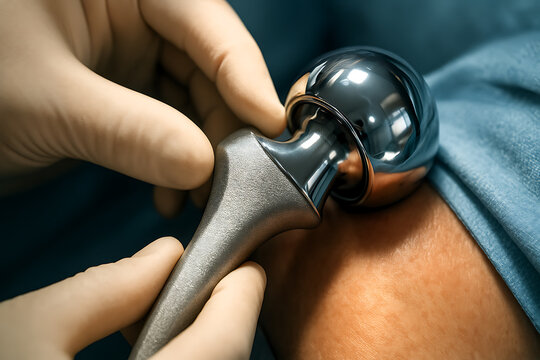 Close-up of a surgeon&rsquo;s gloved hands positioning a metallic hip implant during orthopedic surgery. The polished surface reflects the sterile light, symbolizing precision, innovation, and the science o