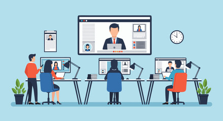Modern Office Meeting Depicted with Video Conference and Remote Collaboration