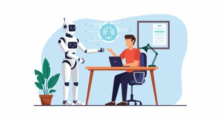 Robot and Human Collaboration at Desk with Futuristic Technology Interface