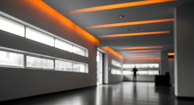 Abstract hallway with orange lighting and blurred figure in the distance