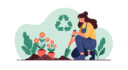 Woman Gardening with Flowers Recycling Symbol and Greenery Illustration