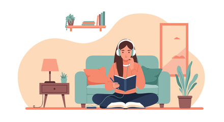 Woman Reading Book While Listening to Music at Home Relaxing