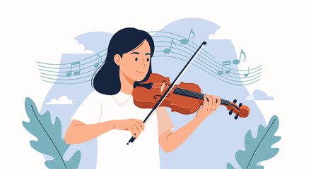 Young Woman Playing Violin with Musical Notes in Artistic Illustration