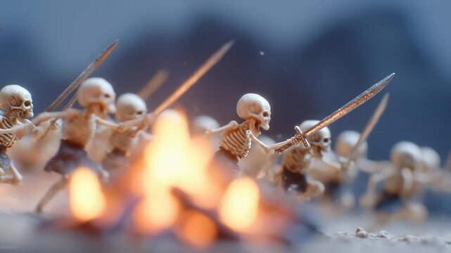 Toy Skeletons Running Past Bonfire With Spears, Fantasy Concept