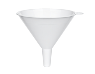 White plastic funnel, conical shape, narrow outlet