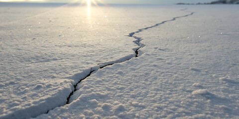 Cracked ice surface with sun flare in winter landscape.