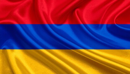 Armenia flag with horizontal red, blue, and orange stripes.