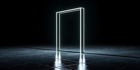 Glowing white rectangular portal on wet reflective ground at night.