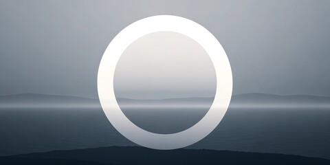 Abstract white circle glowing in a misty, atmospheric landscape.