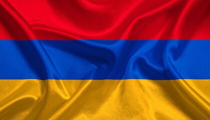 Armenia flag with horizontal red, blue, and orange stripes.