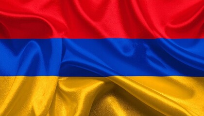 Armenia flag with horizontal red, blue, and orange stripes.