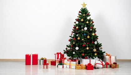 Indoor Christmas tree with red and gold ornaments, star topper, and wrapped gifts on white mat.