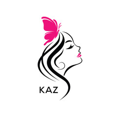 KAZ Elegant Beauty Woman Logo. KAZ with Butterfly Feminine Salon & Spa Branding. KAZ Luxury Beauty Icon Design.
