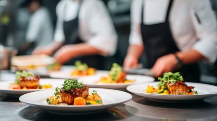 In a vibrant kitchen setting, skilled chefs in crisp uniforms prepare exquisite dishes, focused on plating gourmet meals with precision and care, creating a feast for the senses