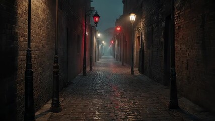 A wet cobblestone alley lit by gas lamps, leading into a foggy atmosphere - Powered by Adobe