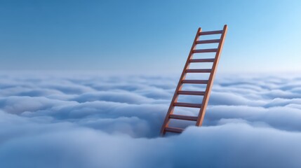 A Wooden Ladder Rising through Fluffy White Clouds against a Bright Blue Sky, Symbolizing Aspiration, Freedom, and the Journey to New Heights