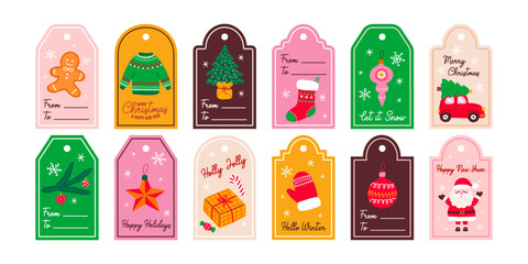 Merry Christmas gift tags holiday design labels, cards, sticker. Cute elements set for winter. Vector collection hand drawn illustration xmas tree, wreath, present, santa and deer