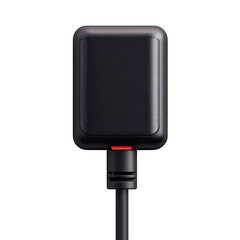 Closeup of a sleek black electronic device with a power cord and a subtle red light indicator against a showcasing modern technology on transparent background
