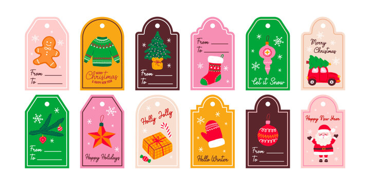 Merry Christmas gift tags holiday design labels, cards, sticker. Cute elements set for winter. Vector collection hand drawn illustration xmas tree, wreath, present, santa and deer