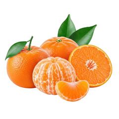 A group of fresh oranges, including whole, peeled, sliced, and segmented pieces with green leaves, isolated on white isolated on transparent background