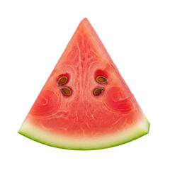 A vibrant slice of watermelon, showcasing its juicy red flesh and black seeds, isolated on a transparent background