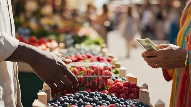 Customer buying fresh strawberry and blueberry from woman vendor at outdoor market footage