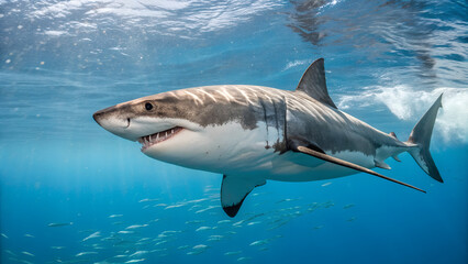 Naklejka premium Great White Shark Swimming in Clear Blue Ocean Water - Predator Marine Wildlife