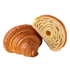 A golden brown croissant and a slice revealing its flaky layers, isolated on white isolated on transparent background