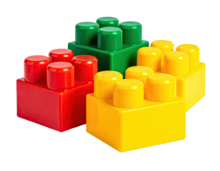 Stacked red, green, yellow plastic toy bricks