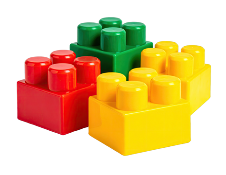 Stacked red, green, yellow plastic toy bricks