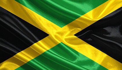 Jamaica flag with gold diagonal cross dividing green and black triangles.