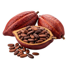 Fresh cacao pods, one split open to reveal abundant raw beans, isolated on a transparent background