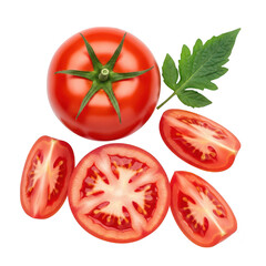 A vibrant red tomato with a green leaf, surrounded by slices and a whole tomato, isolated on white isolated on transparent background
