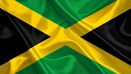 Jamaica flag with gold diagonal cross dividing green and black triangles.