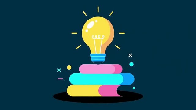 Creative Flat Design Animation of a Bright Idea Light Bulb Illuminating on a Stack of Colorful Books