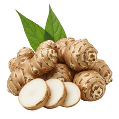 A cluster of earthy jerusalem artichokes, with some sliced to reveal their pale interior, accompanied by green leaves, isolated on white isolated on transparent background